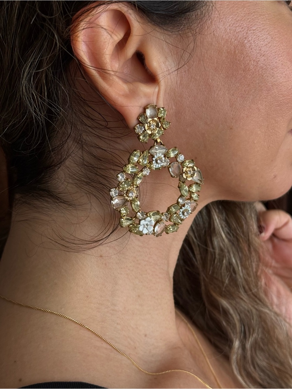 J. Crew Gold-Tone Floral Hoop Earrings with Pale Yellow and Clear Stones